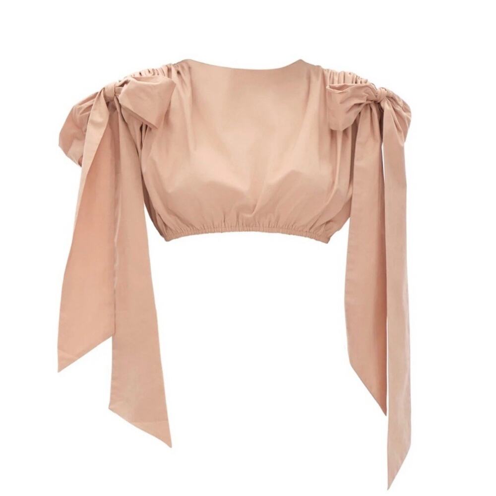 NWT Andrea Iyamah Halima Nude Crop Top Bow Sleeve Shirred Waist Size S (6-8)